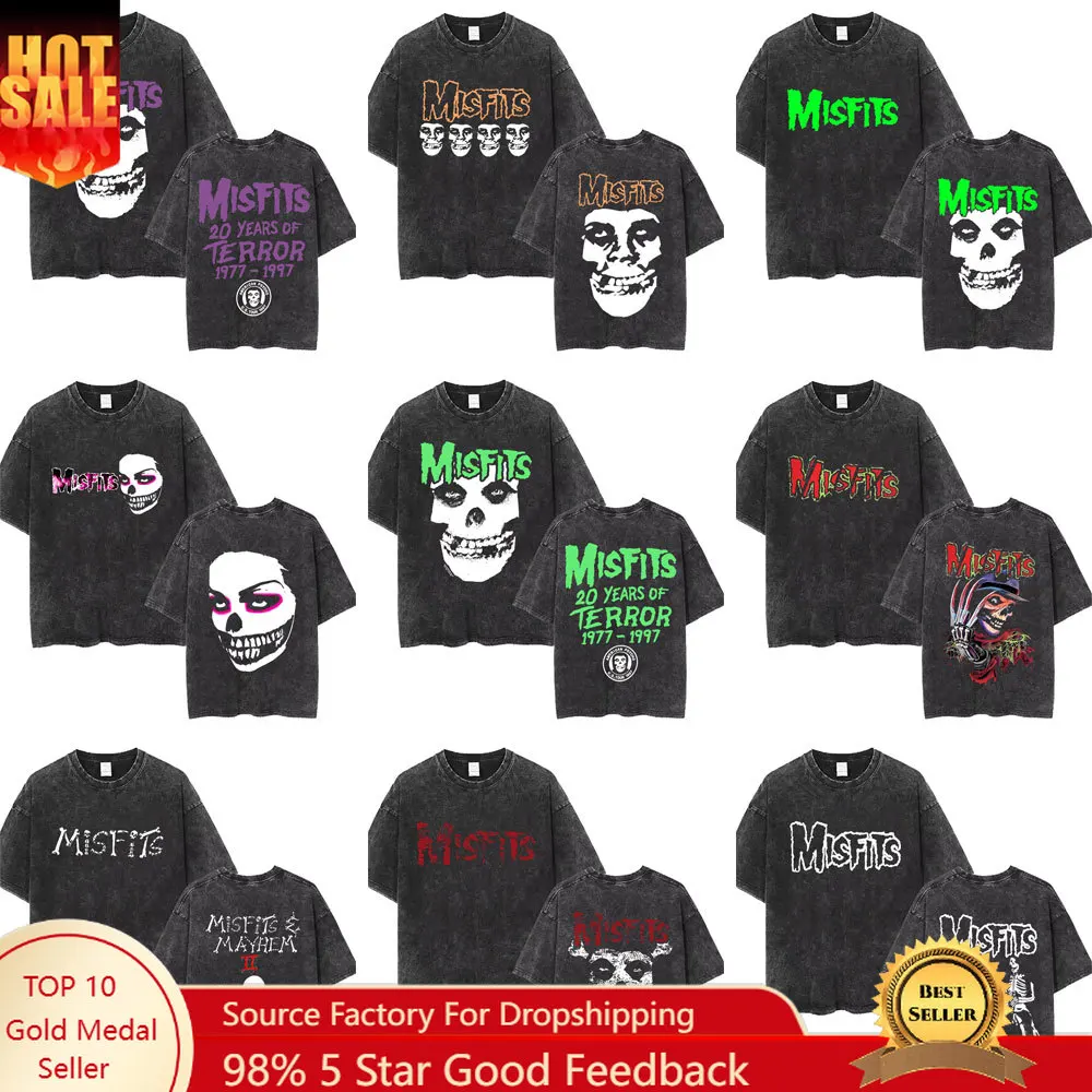 

Vintage Washed Hardcore Punk Band Misfits T-shirt Rock Horror Skeleton Print T-shirts Men Women Gothic Casual Oversized T Shirts