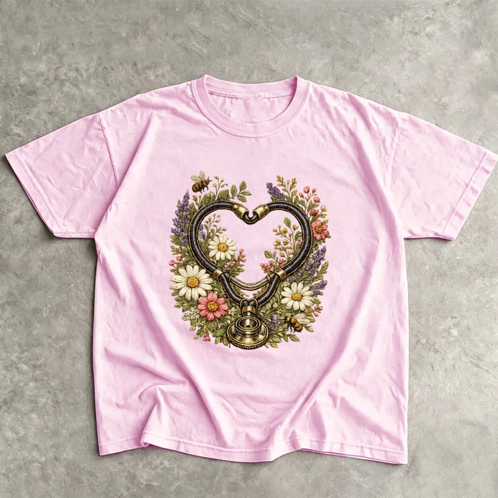 Heart Shaped Stethoscope Cotton Tee Vintage Floral Bee Wreath Front Print Nurse Medical Worker Casual Women Short Sleeve T-Shirt