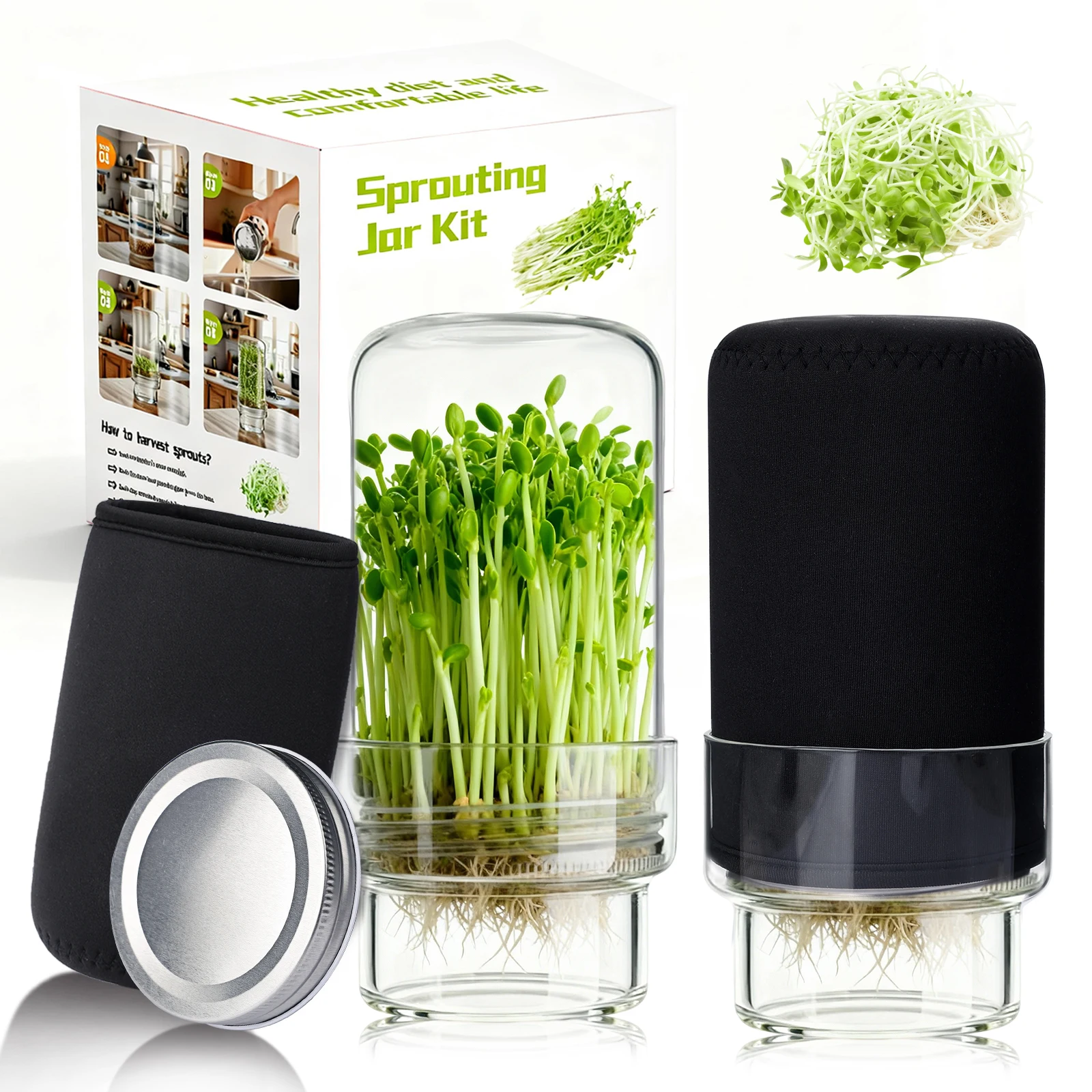 Borosilicate Glass Sprouting Jar Set Wide Mouth Mason Jar Sprout Growing Maker with Sealed Aluminum Cap