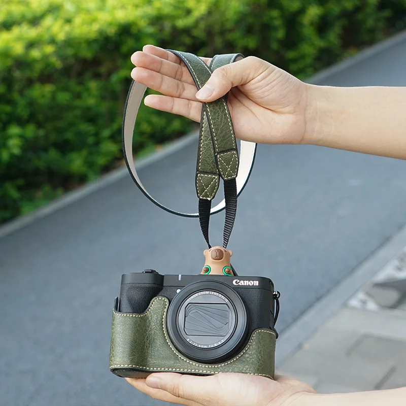 Camera Protective Case for Canon Powershot V1 Pouch Cover Base Man-made Leather Bottom Opening 1/4 Screw Camera Bag Strap