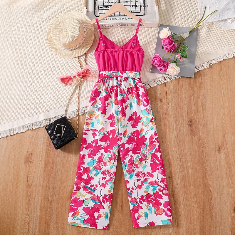 Fashion For 8-12 Years Kids Outfit Rose Red Lace Jumpsuit For Girls Floral Printed Party Birthday Teenager Daily Casual Clothing