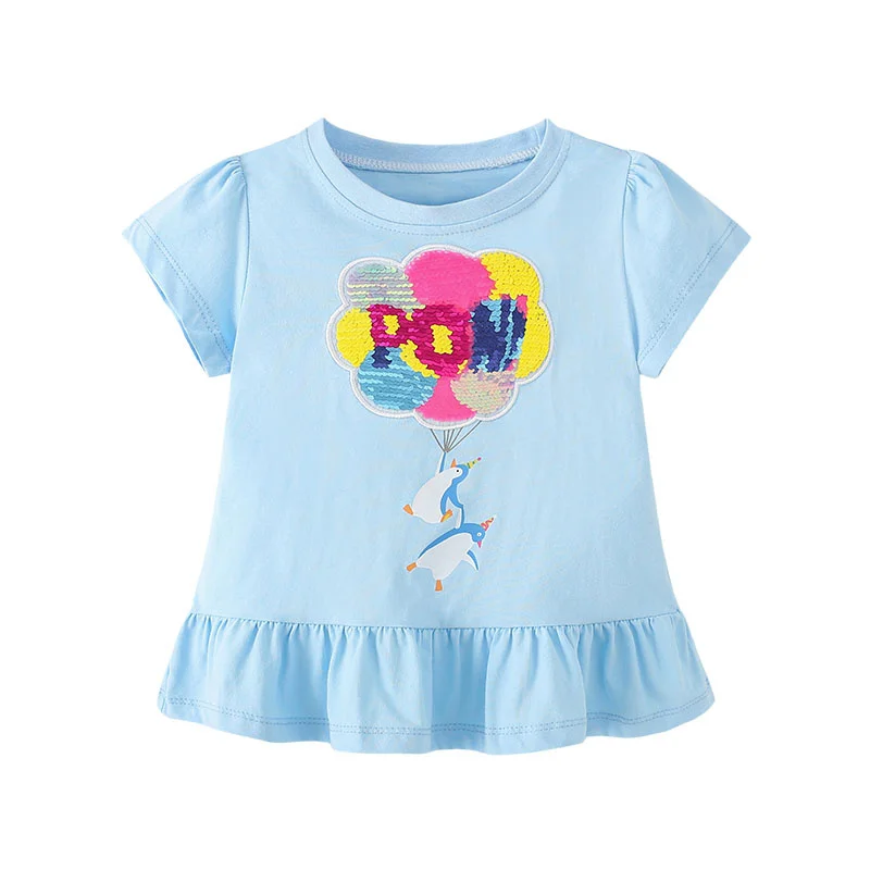Jumping Meters 2-7T New Arrival Cotton Girls Tees Beading Summer Toddler Clothes Kids Tops Children\'s Tshirts