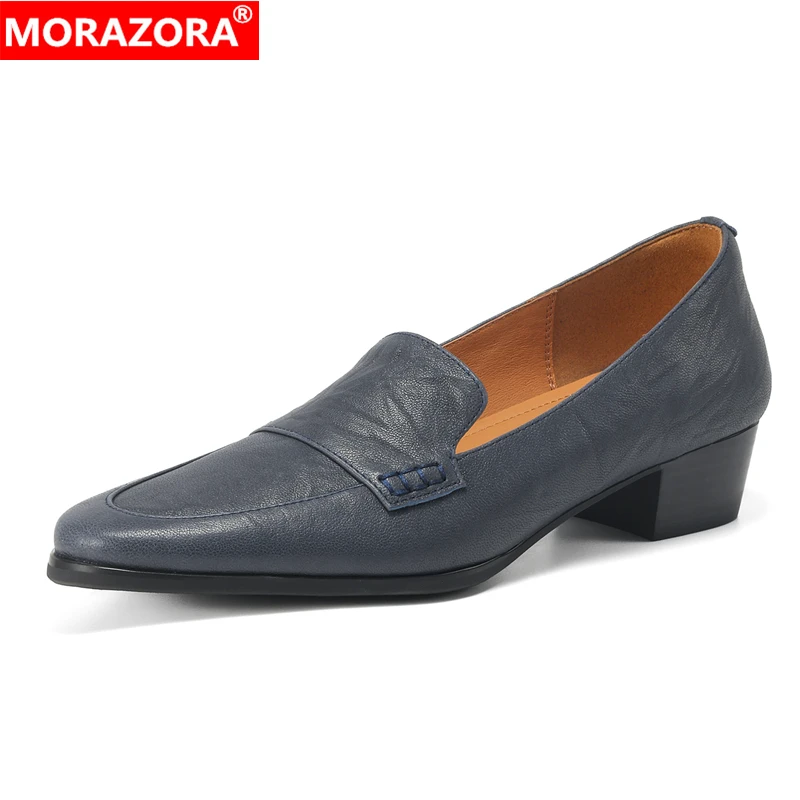 

MORAZORA New Genuine Leather Shoes Women Loafers Slip On Spring Summer Chunky Mid Heels Office Dress Shoes Simple Ladies Shoes