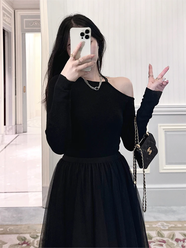 

Bla Asymmetrical oulder Long Sve Base irt Women's Autumn Design Unique 2026 New oulder Exposure Top One oulder T...