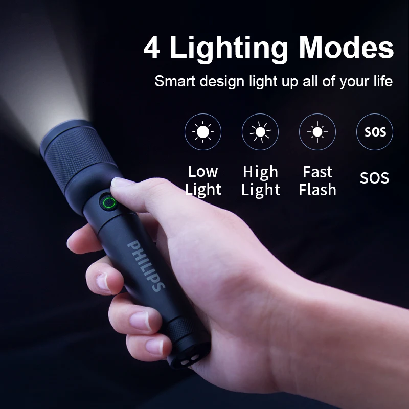 Philips Optical Zoom Flashlight Portable Flashlight With 4 Lighting Modes USB C Rechargeable For Self Defense Camping