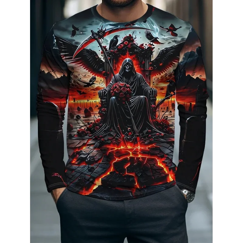 Men's Long Sleeve T‑Shirt Grim Reaper Crow Lava Rose 3D Print Crew Neck Gothic Halloween Streetwear Top