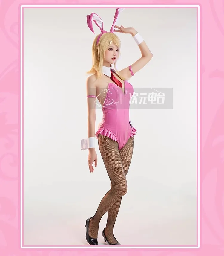 Danganronpa Akamatsu Kaede Cosplay Costume Pink Lovely Bunny Girl Jumpsuits PU Leather Uniform Halloween Party Suit Wig