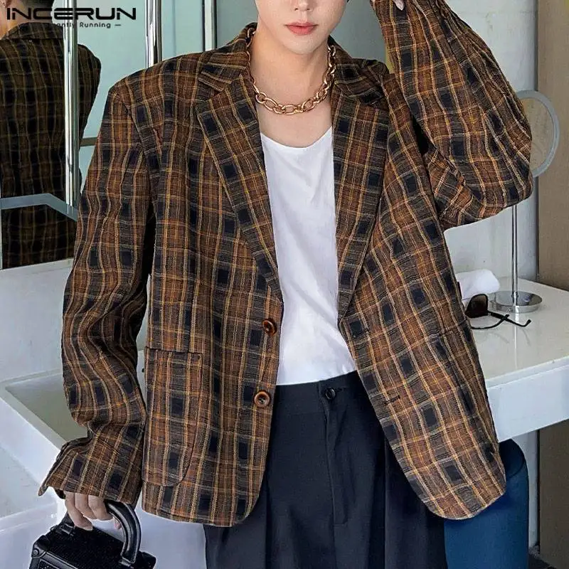 2024 INCERUN Korean Fashion Casual Blazer Long Sleeve Loose Coats Simple Pocket Bottun Lapel plaid Suits Autumn Streetwear S-5XL