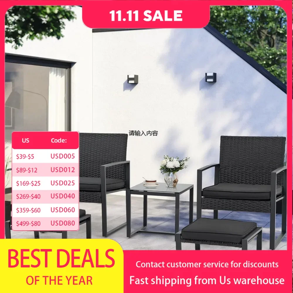 

5 Piece Terrace Bistro Set, Rattan Terrace Chair with Table and Ottoman, Balcony Terrace Conversation Set, Front Porch, Garden