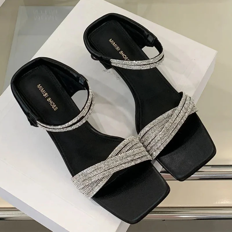 

Luxury Rhinestone High Heels Slides Ladies Square Toe Fashion Dress Shoes Summer New Open Toe Elegant Sandals Women Slippers