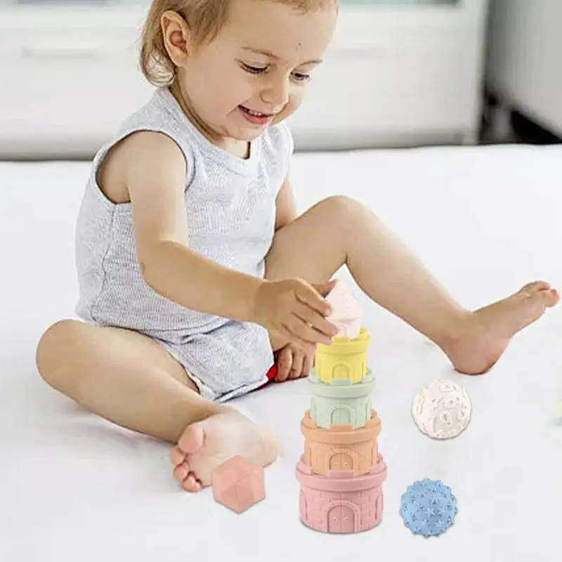 Bloques de apilamiento suaves, juguete apilador sensorial de silicona suave, diseño de dinosaurio/castillo, juguete de Aprendizaje Temprano con sonido BB para niños