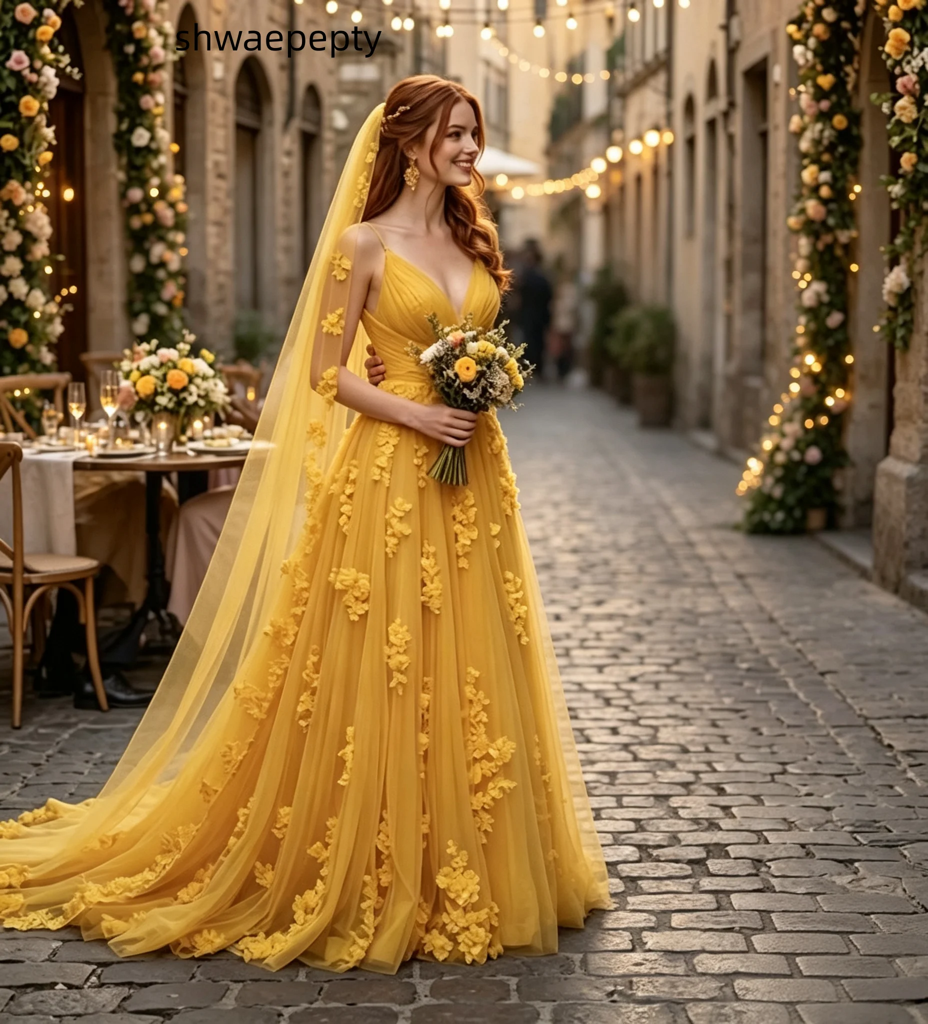 Mustard Yellow V Neck 3D Floral Tulle Wedding Dress A Line Long Train Bridal Gown Romantic Forset Bride Dresses Customized