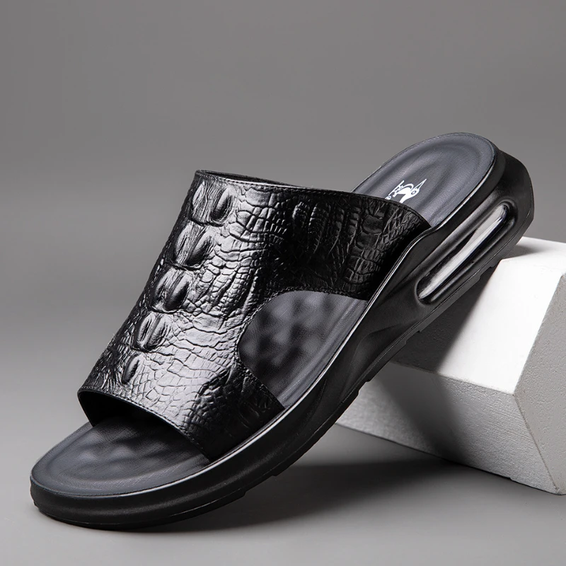 Summer New Shoes for Men Genuine Leather Sandals Crocodile Print Casual Slipper Air Cushion Flip Flops Cool Beach Shoes