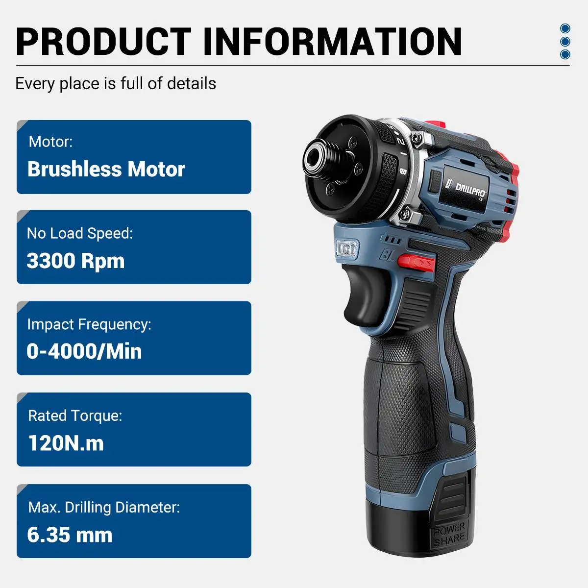 Drillpro 16V Cordless Drill Electric Screwdriver Wireless Power Driver 5200mAh Battery Power Tools 120N.m Electric Impact Drill