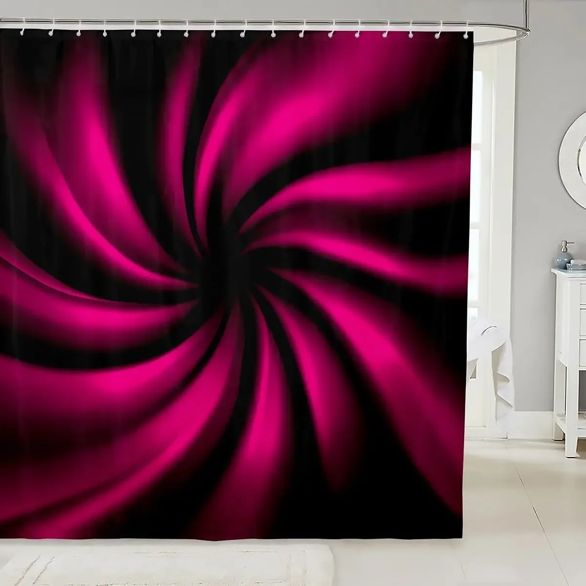 Abstract Hot Pink Black Shower Curtain Stripes Bathroom Shower Curtain Set for Boys Geometric Bath Curtain Waterproof Swirl