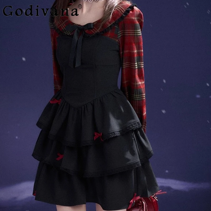 

Red Black Sweet Bow Plaid Fake Two Pieces Party Cake Dress Girls Autumn Peter Pan Collar Long Sleeve Christmas Princess Dresses