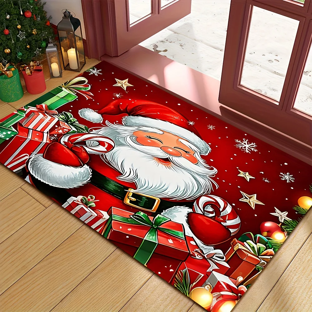 VIKAMA Santa Claus Gift Box Christmas Doormat Non Slip Easy Care Front Door Entryway Floor Mat Christmas Holiday Home Decor