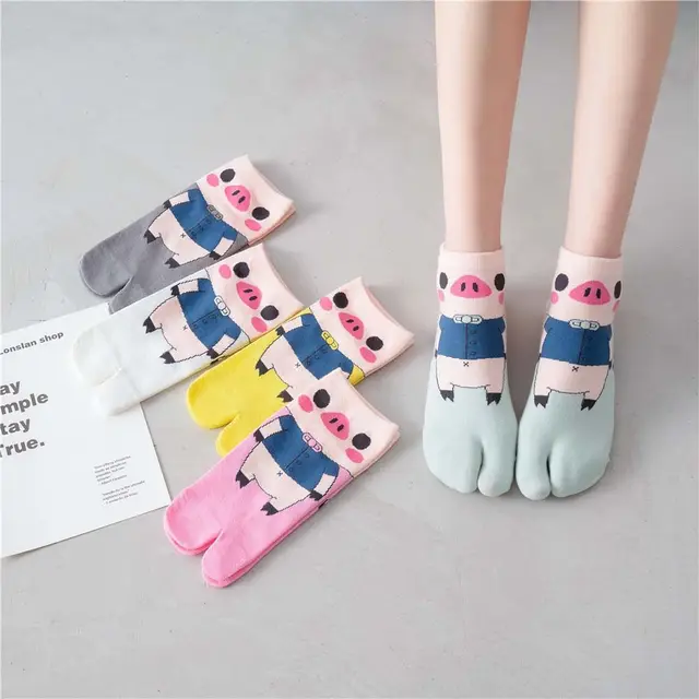 Wiosna lato dwa skarpetki z palcami cienka bawełna Kawaii panieńskie urocza kreskówkowa świnka skarpetki Harajuku Geta kostka niskie podkolanówki