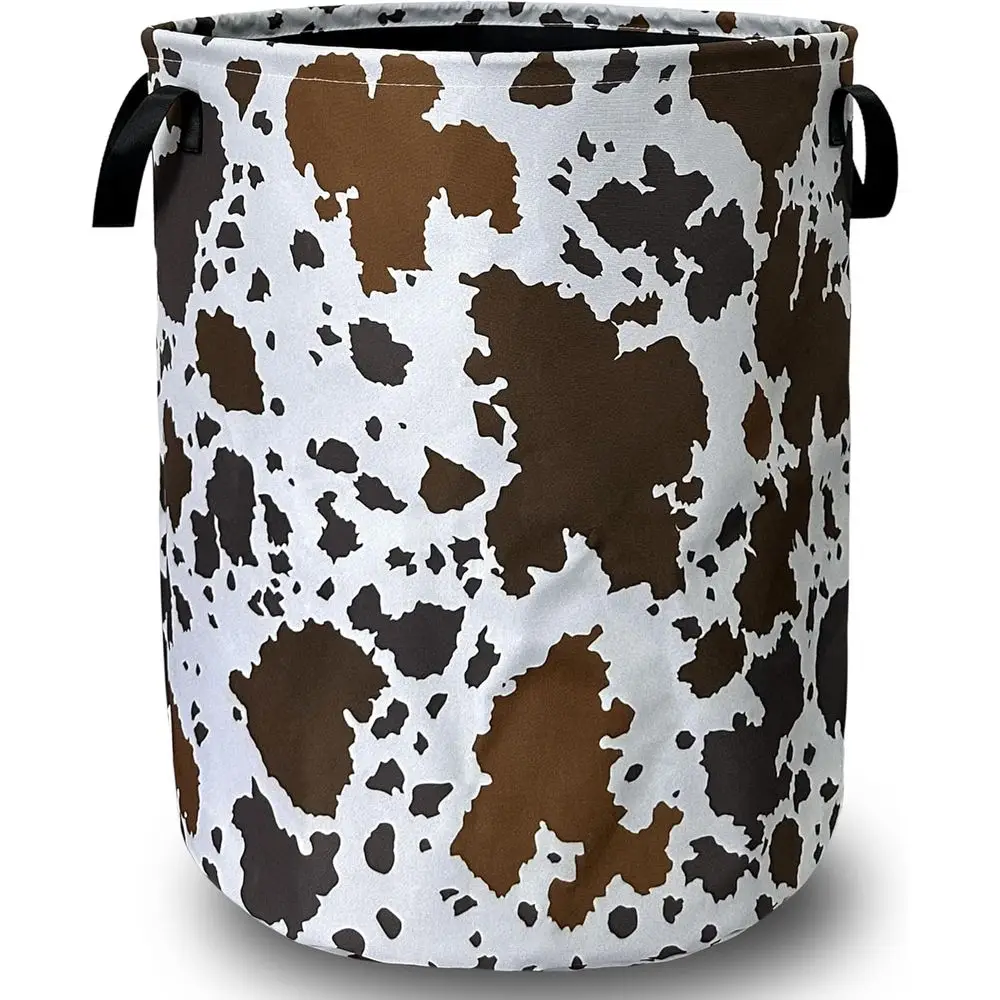 

Foldable Brown Cow Print Laundry Basket with Handles, 18.9 x 16.5 - Storage for Bathroom, Laundry, and Bedroom
