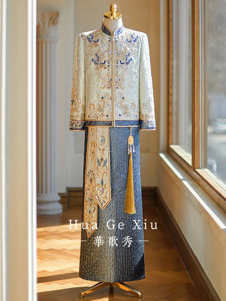 

Китайское традиционное мужское свадебное платье Xiuhe с вышивкой дракона, свадебный комплект жениха 2025, новый костюм Тан в китайском стиле