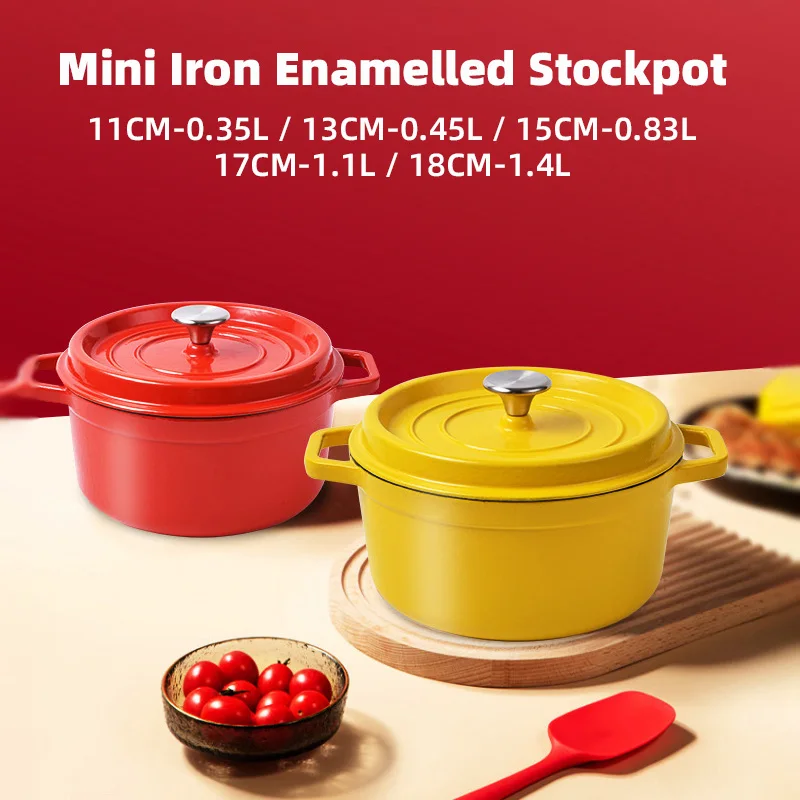 

Cute 11cm Mini Enamelled Stockpot with Lid Uncoated Iron Ceramic Soup Pot Double Handle Saucepan Casserole Gas Induction Cooker