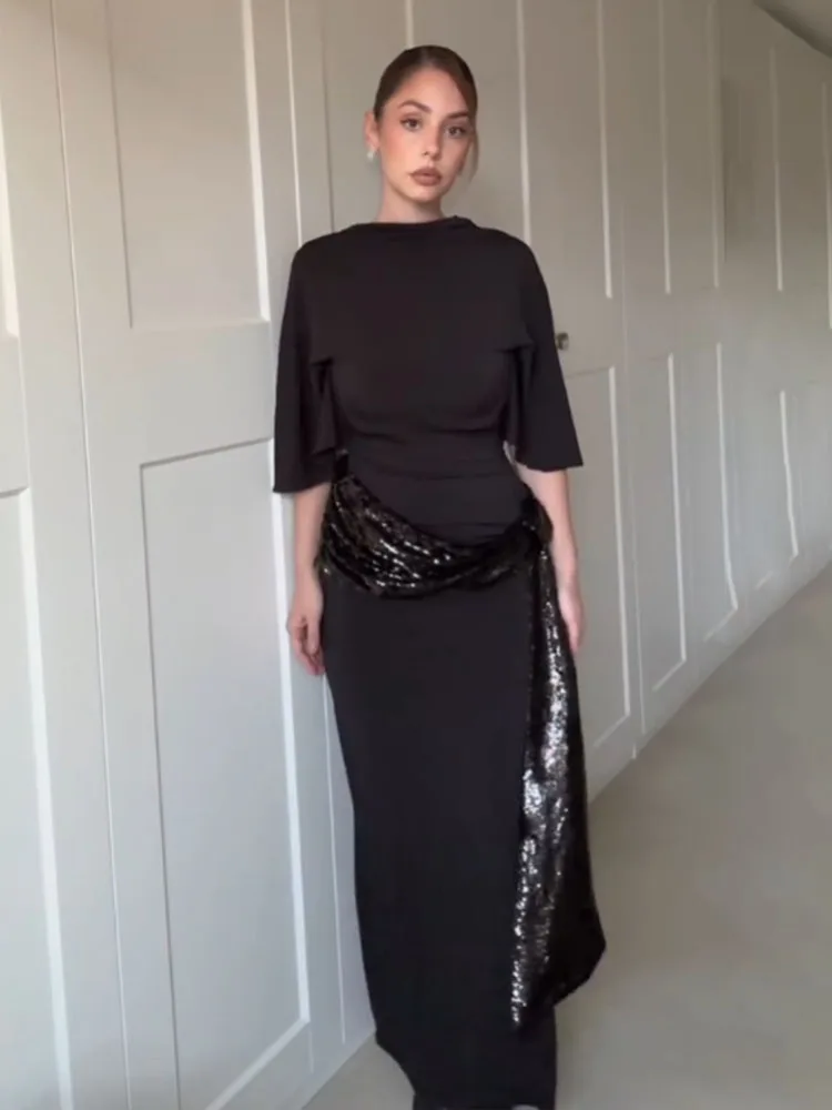 

HH 2026, женское модное сексуальное длинное платье с открытой спиной и короткими рукавами, асимметричное украшение с блестками, женское элегантное вечернее платье