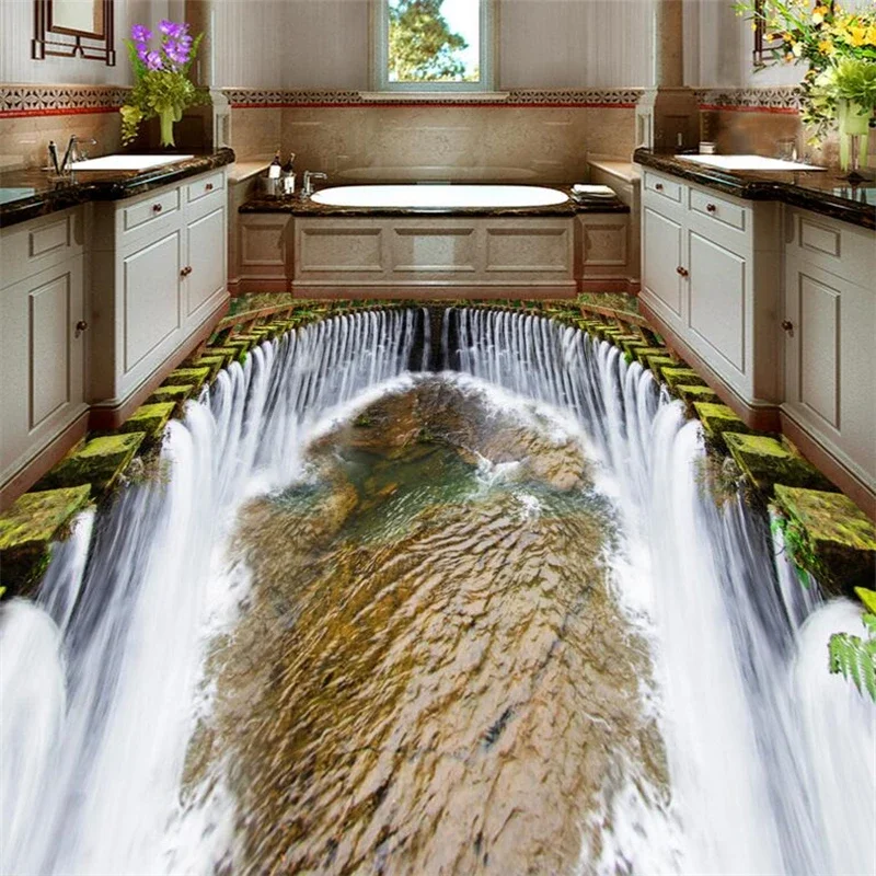 beibehang Waterfall water stone road custom floor wall paper Soft floor tile waterproof wallpaper for bathroom 3d floor mural