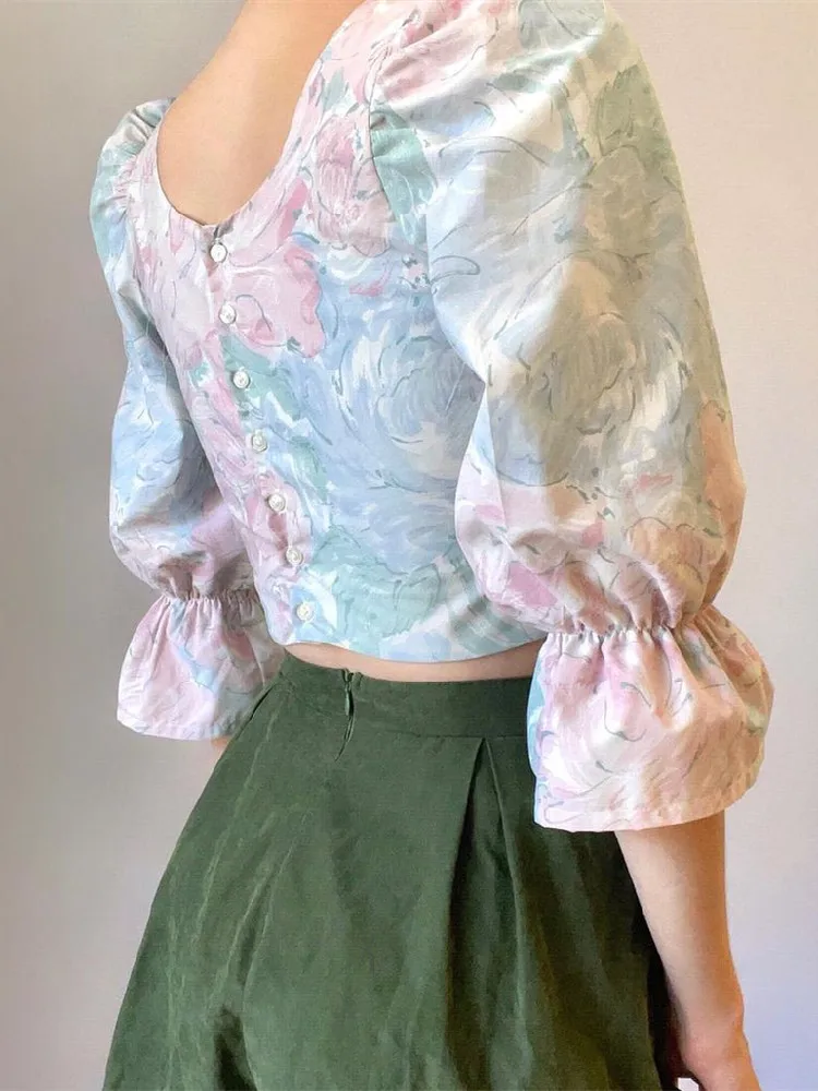 Retro Tie-dye Flower Print Square Collar Shirt Open Buttons Back Half Puff Sleeve Cropped Blouse Hem Asymmetry Tops