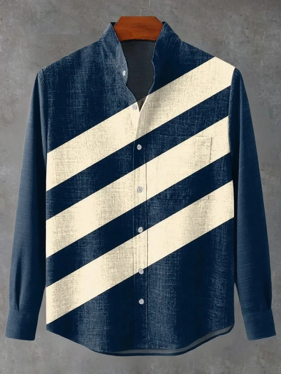 

2025 New Style Men's Striped Linen Long-Sleeved Shirt - Comfortable Fabric, High-Quality Buttons, Collarless Shirt