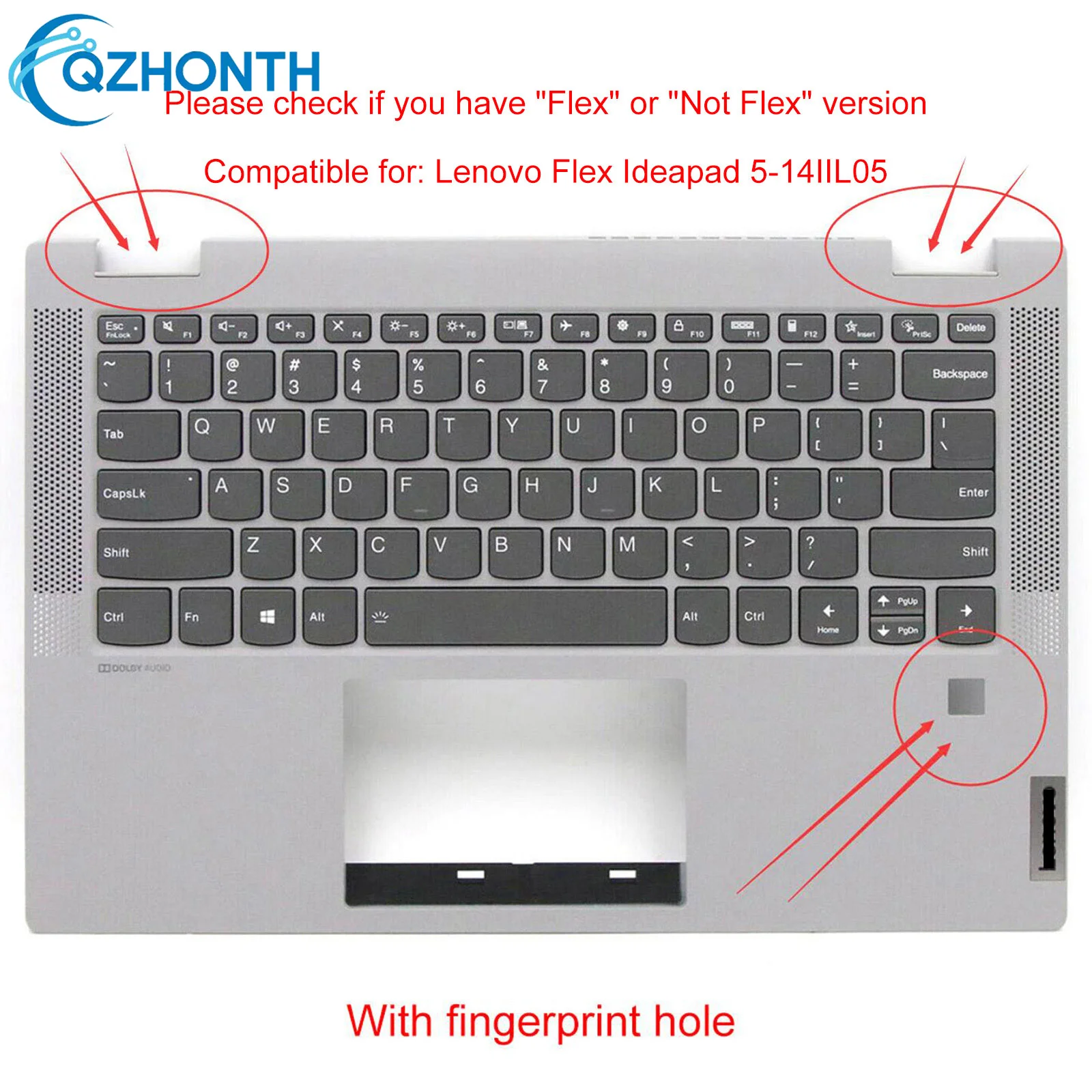 

New Palmrest Upper Case w/ Backlit Keyboard For Lenovo ideapad Flex 5-14IIL05 5-14ITL05 Silver Color (with Fingerprint Hole)