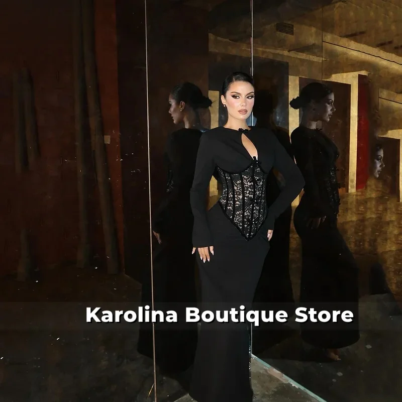 

Black Crepe Evening Dress High Neck Full Sleeves Mermaid Prom Dresses Women Elegant Forml Gowns Customized