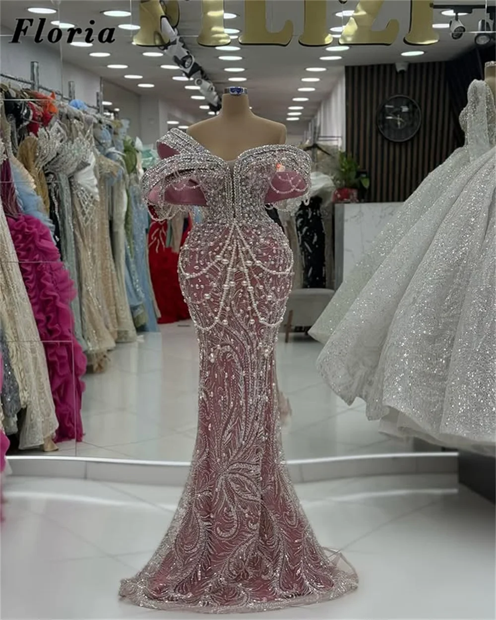

New Elegant Pink Mermaid Evening Dresses Arabic Dubai Pearls Beaded Wedding Party Dress Prom Dress Vestidos De Noiva Customized