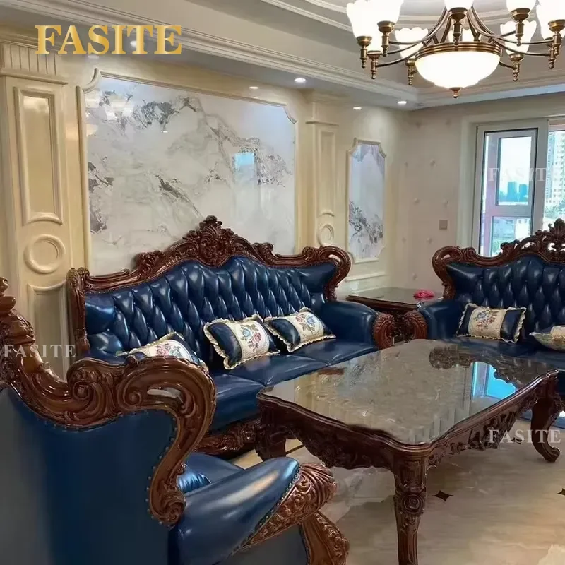 For European Classic Luxury Living Room Furniture Carved Solid Wood Genuine Leather Sofa Set High End Home Decor Comfortable