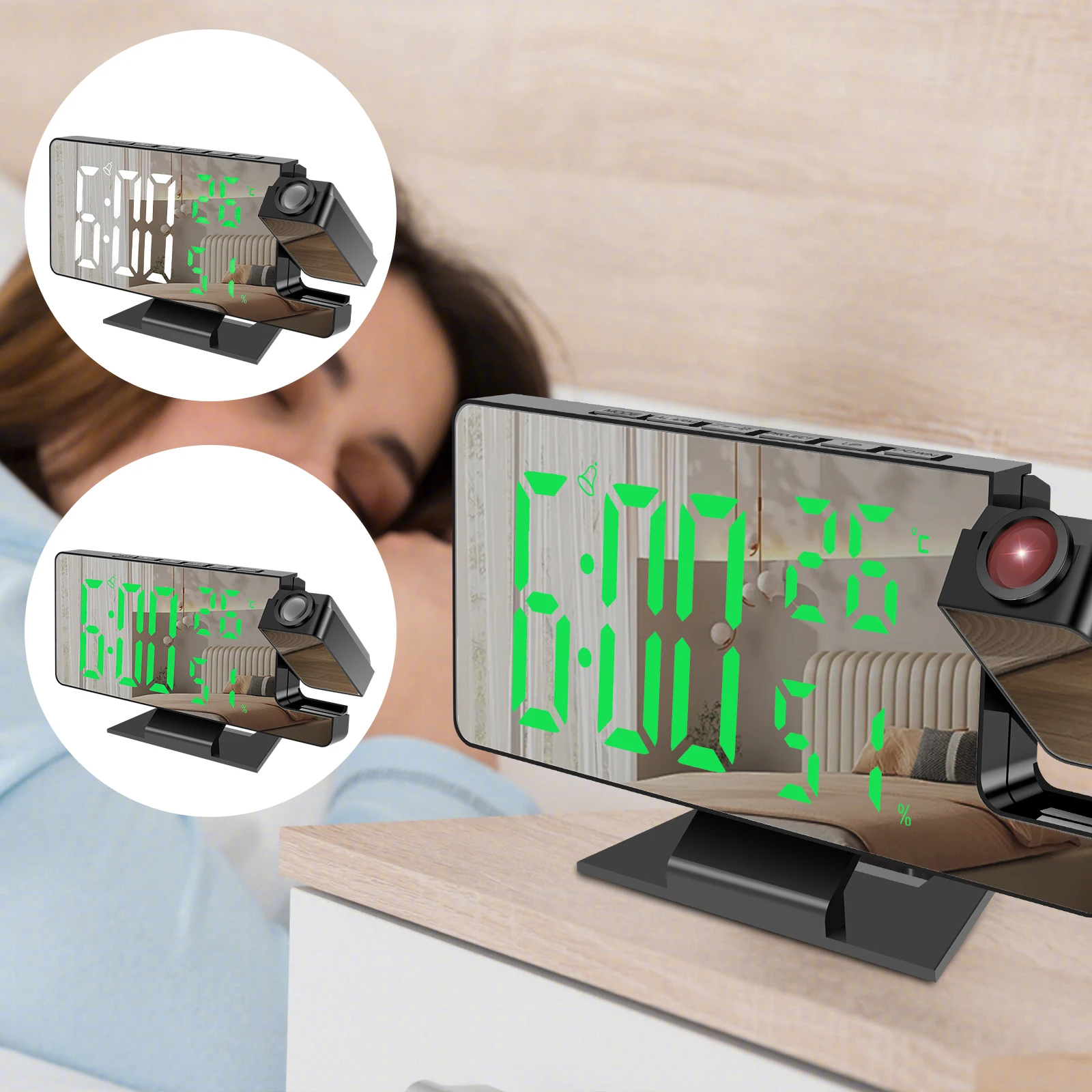 Projection Alarm Clock with 180° Rotatable Projector 4 Level Dimmable Mirror Projection Clock Large Display Digital Projection