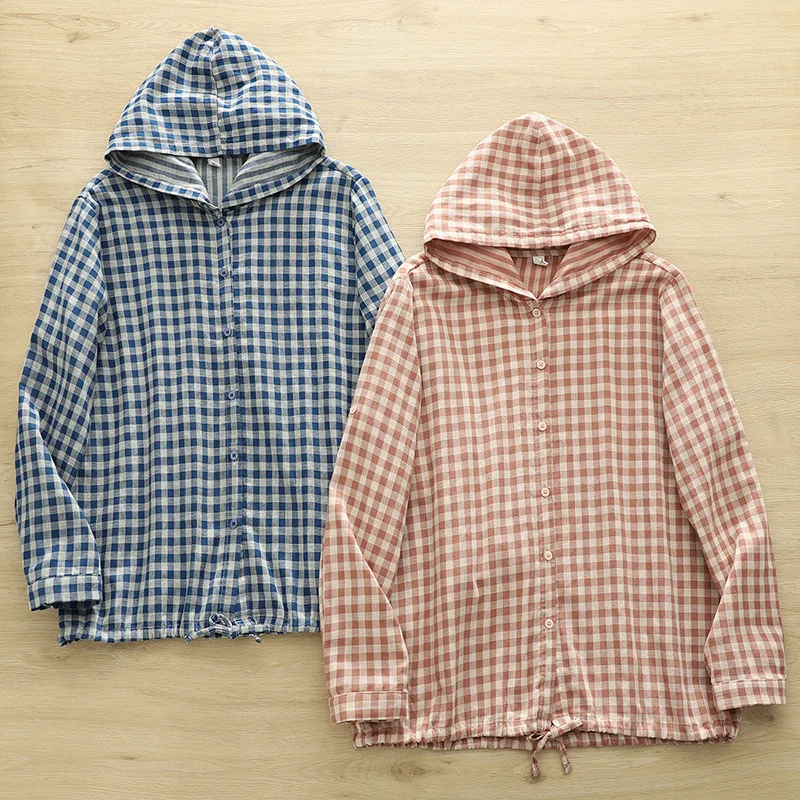 

Japanese Vintage Mori Girl Plaid Cotton Yarn Hooded Shirt Women Spring Autumn Long Sleeve Casual Loose Sunscreen Blouse Jackets