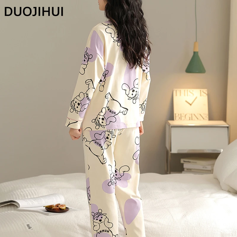 DUOJIHUI Chic with Chest Pad Casual Home Pajamas for Women Autumn New V-neck Cardigan Basic Pant Loose Simple Female Pajamas Set