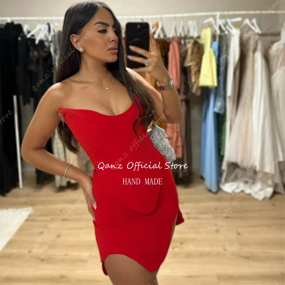 Qanz โมเดิร์นสีแดงพรหมชุดมินิซาติน Vestidos Para Eventos Especiales รัดตัวกลับ Sweetheart Party Dress Club ที่กําหนดเอง