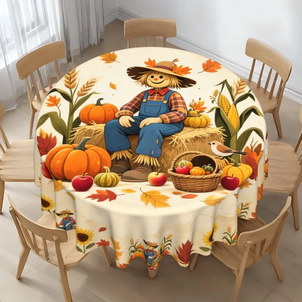 1pc round tablecloth, designed with a Christmas harvest theme, featuring a scarecrowzyc
