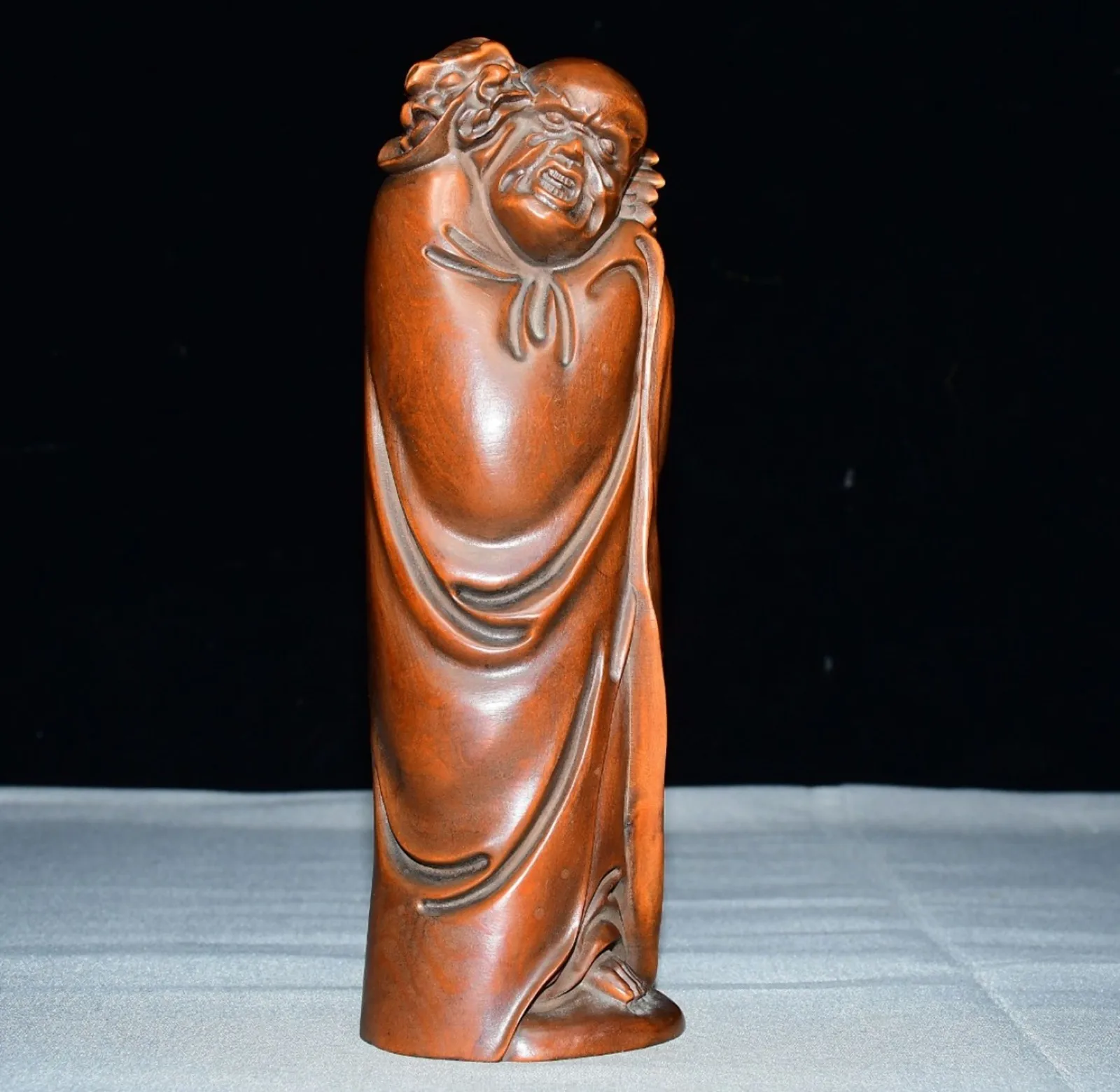 Hand Carved Wood Decor Piece Dragon Taming Arhat Statue Wooden Boxwood Oriental