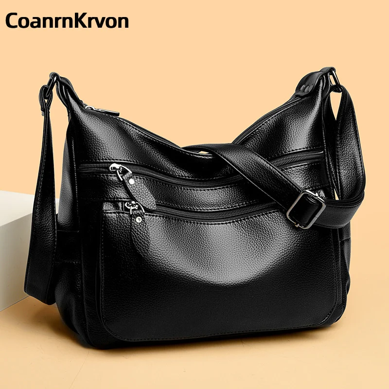 New 2024 Leather Black Crossbody Bag Women\'s Trendy Portable Gift Mom Bag Large Capacit Soft Multiple Layers Pockets Commuterbag