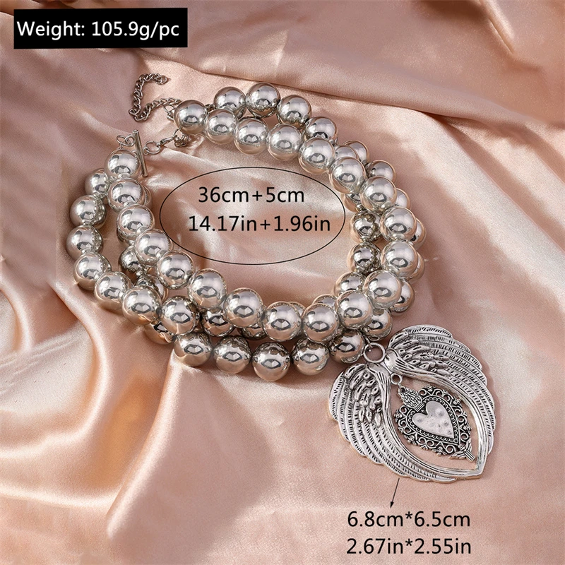 Punk Übertriebene Handgemachte Perlen Halskette für Frauen Metall Flügel Herz Anhänger Choker Halskette Mädchen Party Festival Schmuck Geschenke – Detail 4