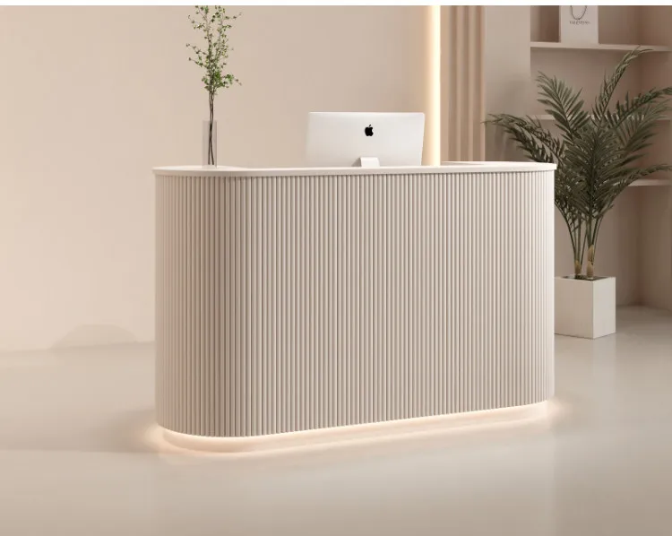 Modern Curved Reception Desk with LED Light Beige Wave Front Desk for Beauty Salon Nail Shop Spa Commercial Furniture