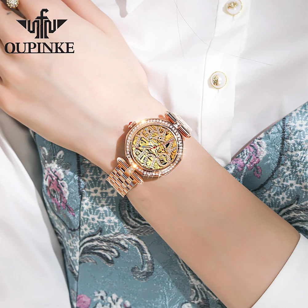 OUPINKE 3175 Top Brand Original Mechanical Watch For Women Hollow Diamond Dial Automatic Wrist Watches Fashion Luxury Hand Clock