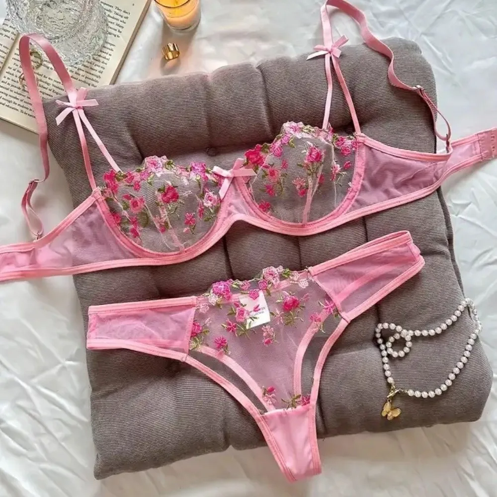 

2pcs Set Sweet Mesh Lace Flower Bra Sexy Embroidery Bra Panties Set Erotic Bowknot Push Up Bra Women Women
