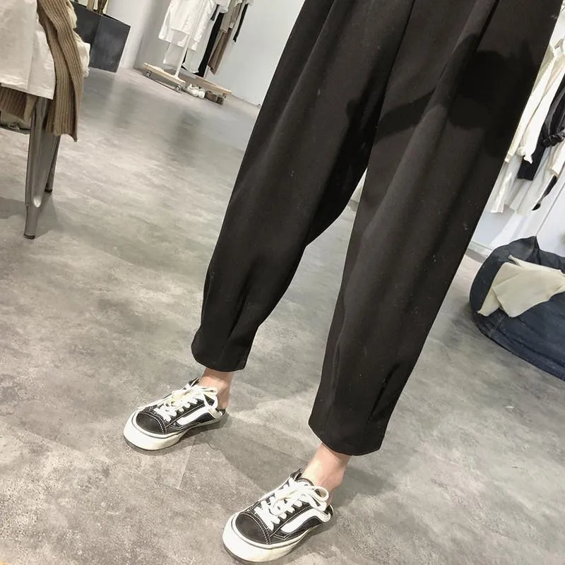 Spring Autumn New Fashion Women Elastic Waist Loose Ankle-length Pants All-matched Casual Solid Cotton Gray Harem Pants P74