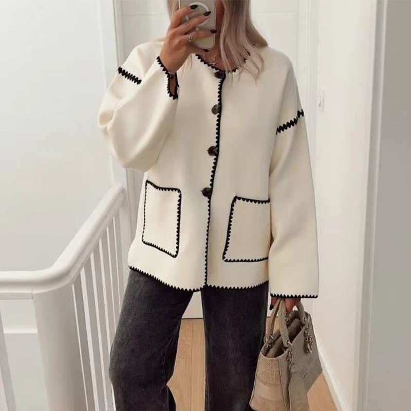 

Women Contrasting Colors Quilted Coat Single Breasted Loose Autumn Winter Coats Female Casual All-match Warm Street Tops