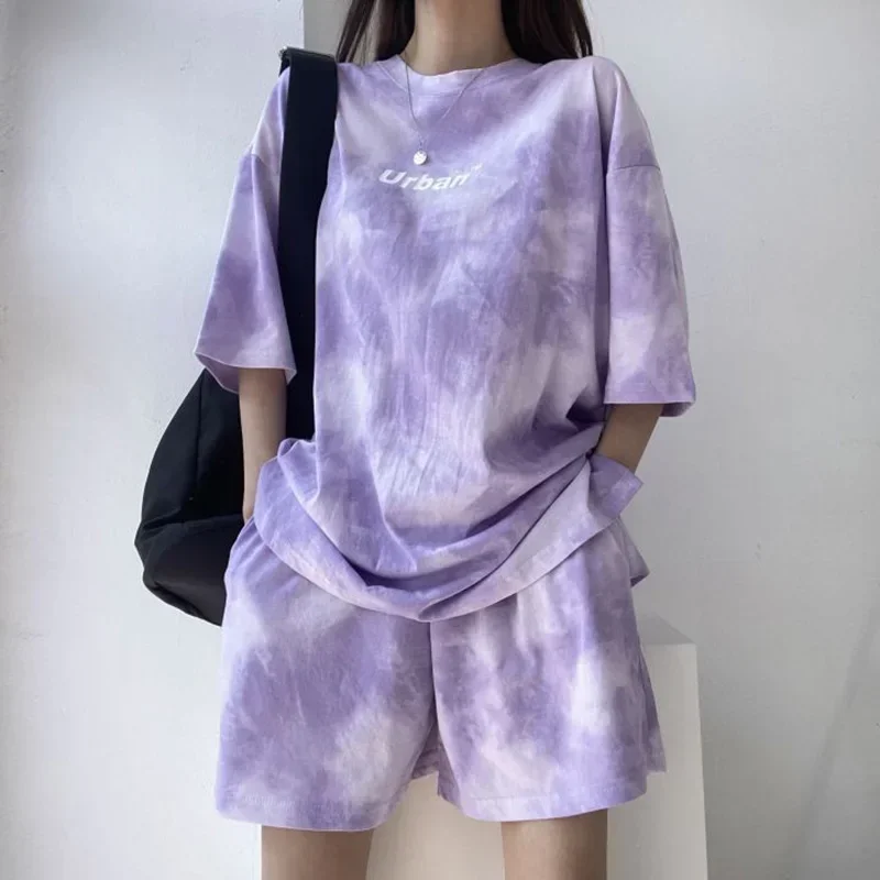 

Women T-Shirt Shorts Suit Set Casual Tie Dye Loose tshirt and wide leg middle shorts with pockets female Soft Summer Shorts Sets