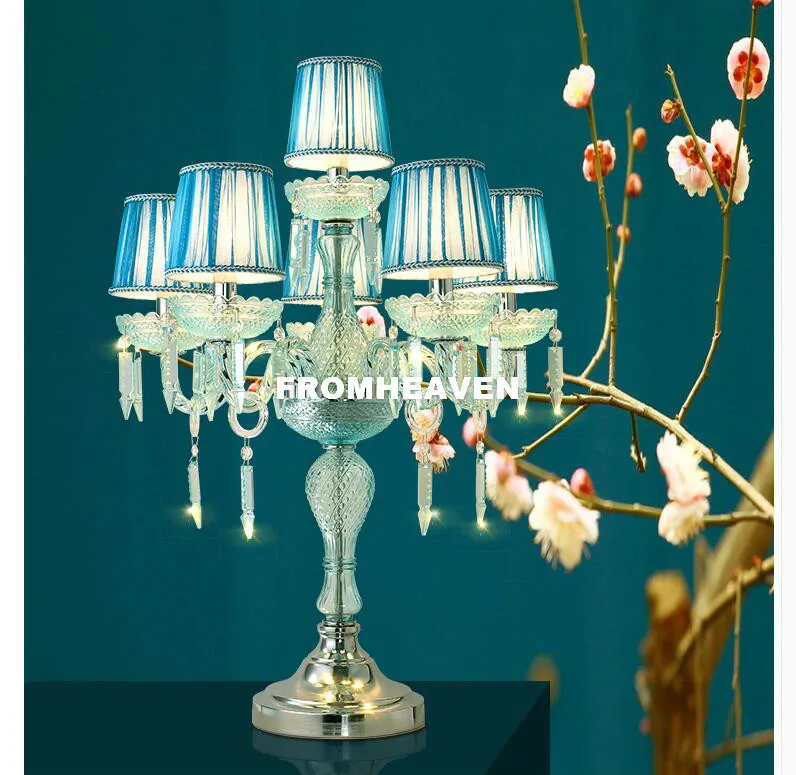 Freies Verschiffen Kristall Tisch Lampe Moderne Blau Farbe Kunst Hohe Grade Kristalle k9 Tisch Lampe Für Home Schlafzimmer Wohnzimmer dekoration