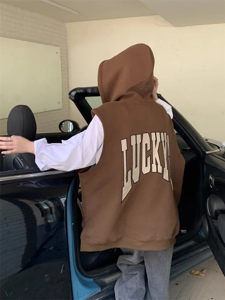 특대형 300 파운드 아메리칸 커피 레터 프린트 지퍼 후드 자켓 플러스 사이즈 조끼 중간 길이 아우터웨어