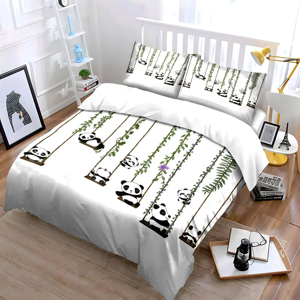 Cute pandas on swings cartoon Bedding Set for Kids Luxury Gift 3pcs Digital Print Comforter Set Soft Comfortable Breathable